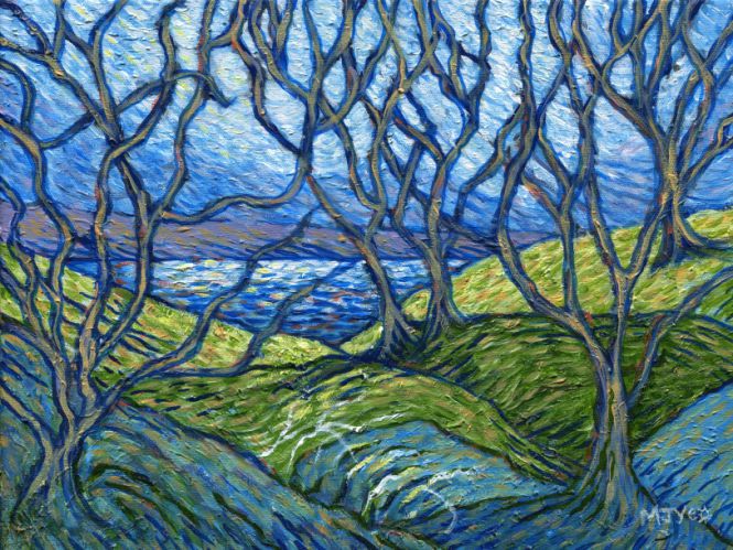 trees and lake van gogh style art painting for sale