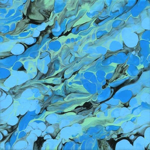 abstract acrylic pour painting in blue and turquoise for sale