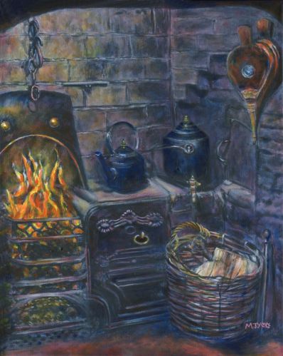 antique fireplace interior art painting for sale