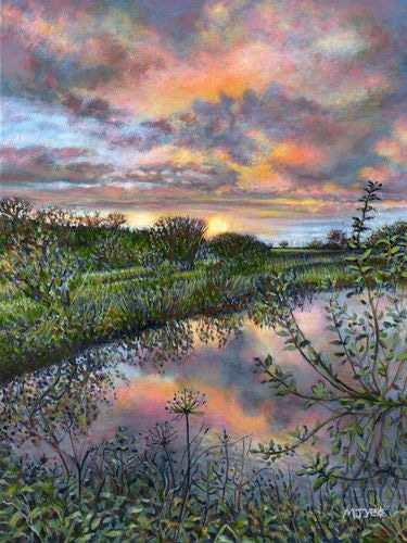 sunset reflections in pond art painting for sale