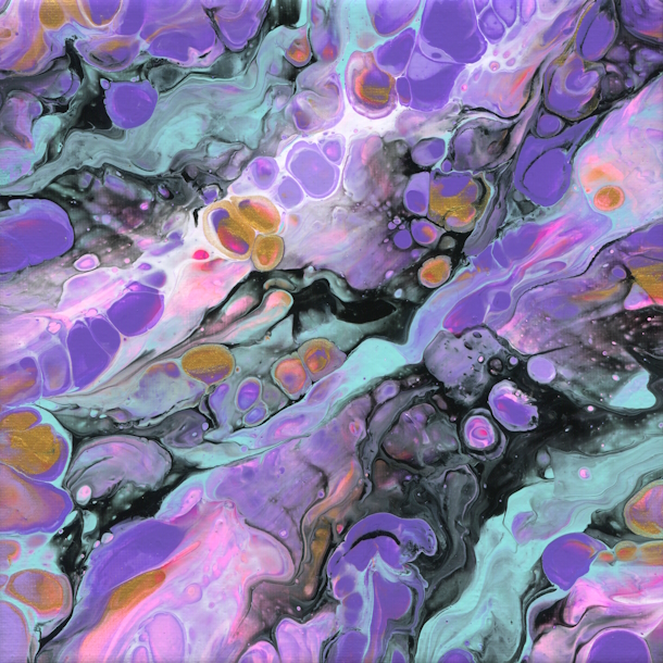 abstract acrylic pour painting in purple and turquoise for sale