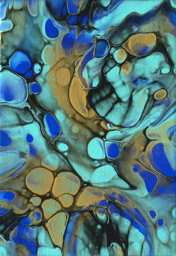 abstract acrylic pour paintings in blue and gold for sale