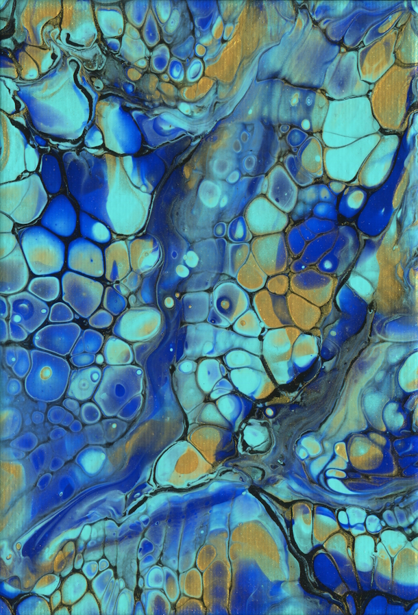 abstract acrylic pour paintings in blue and gold for sale