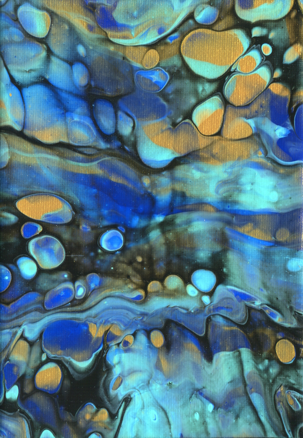 abstract acrylic pour paintings in blue and gold for sale