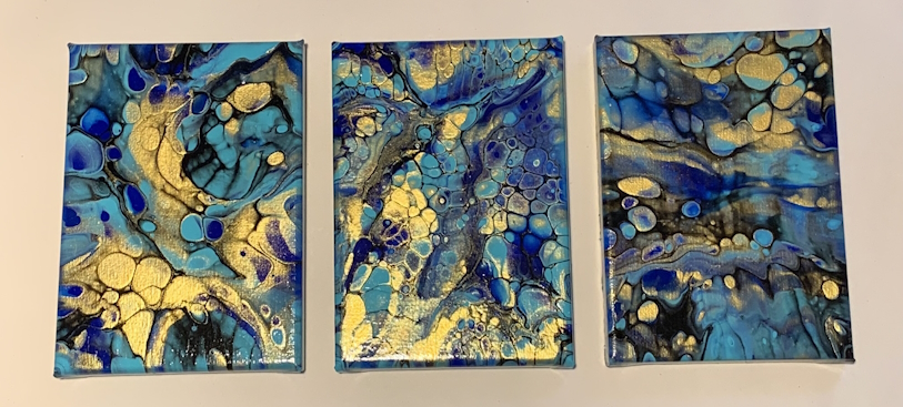 abstract acrylic pour paintings in blue and gold for sale