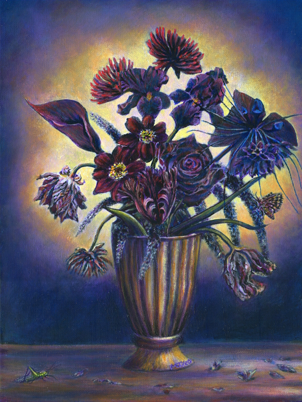 dark flowers still life arrangement gothic art painting for sale