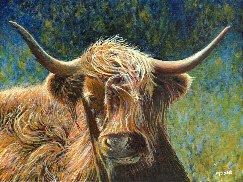 highland cow, kilchoan, scotland art painting for sale