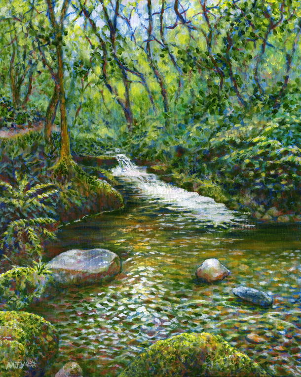 nant gwernol waterfalls forest painting for sale