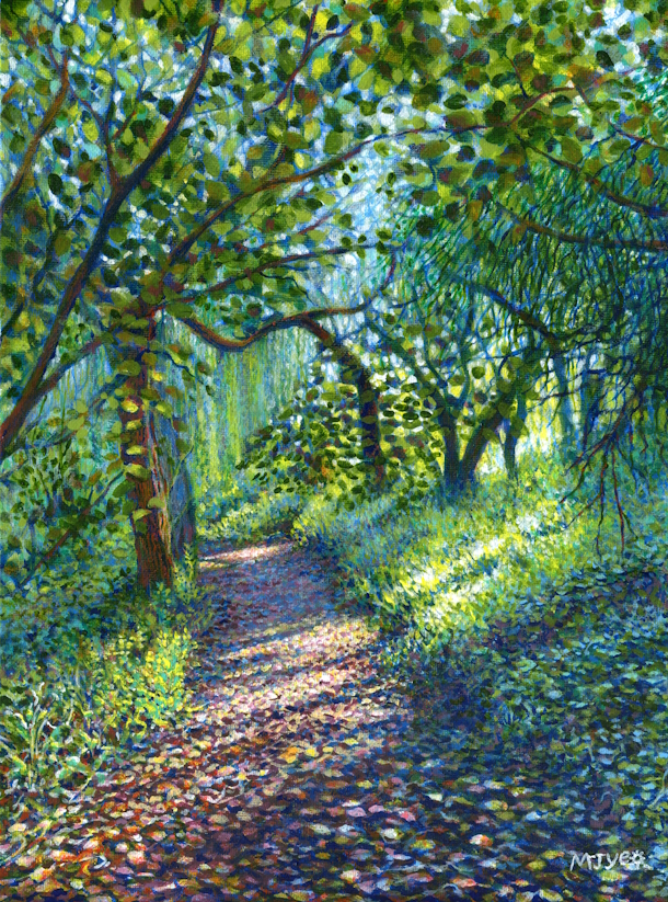 sunlit path through forest painting for sale