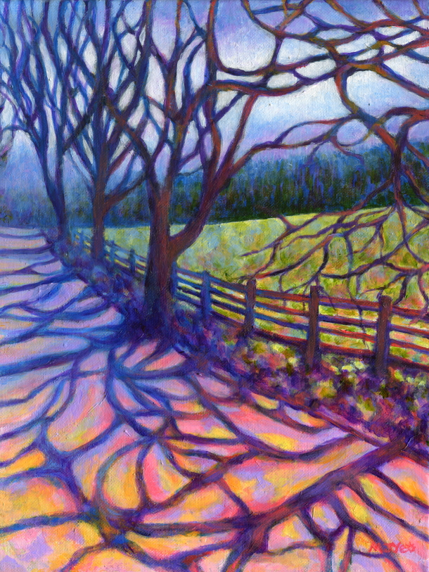 trees and shadows on sunlit path contemporary landscape painting for sale