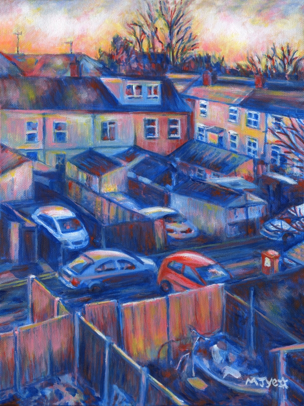 back streets of Flag Meadow walk Worcester, urban painting for sale