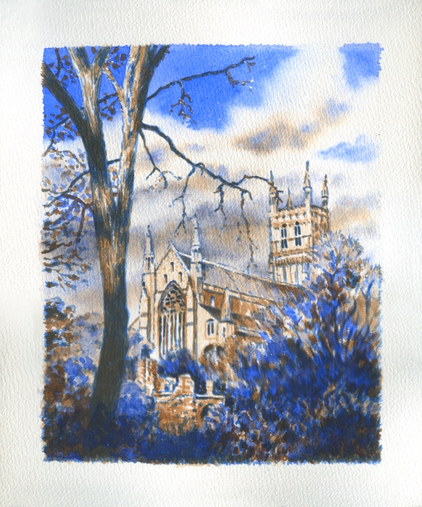 Worcester cathedral painting in blue for sale