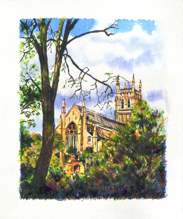 Worcester Cathedral watercolour painting for sale